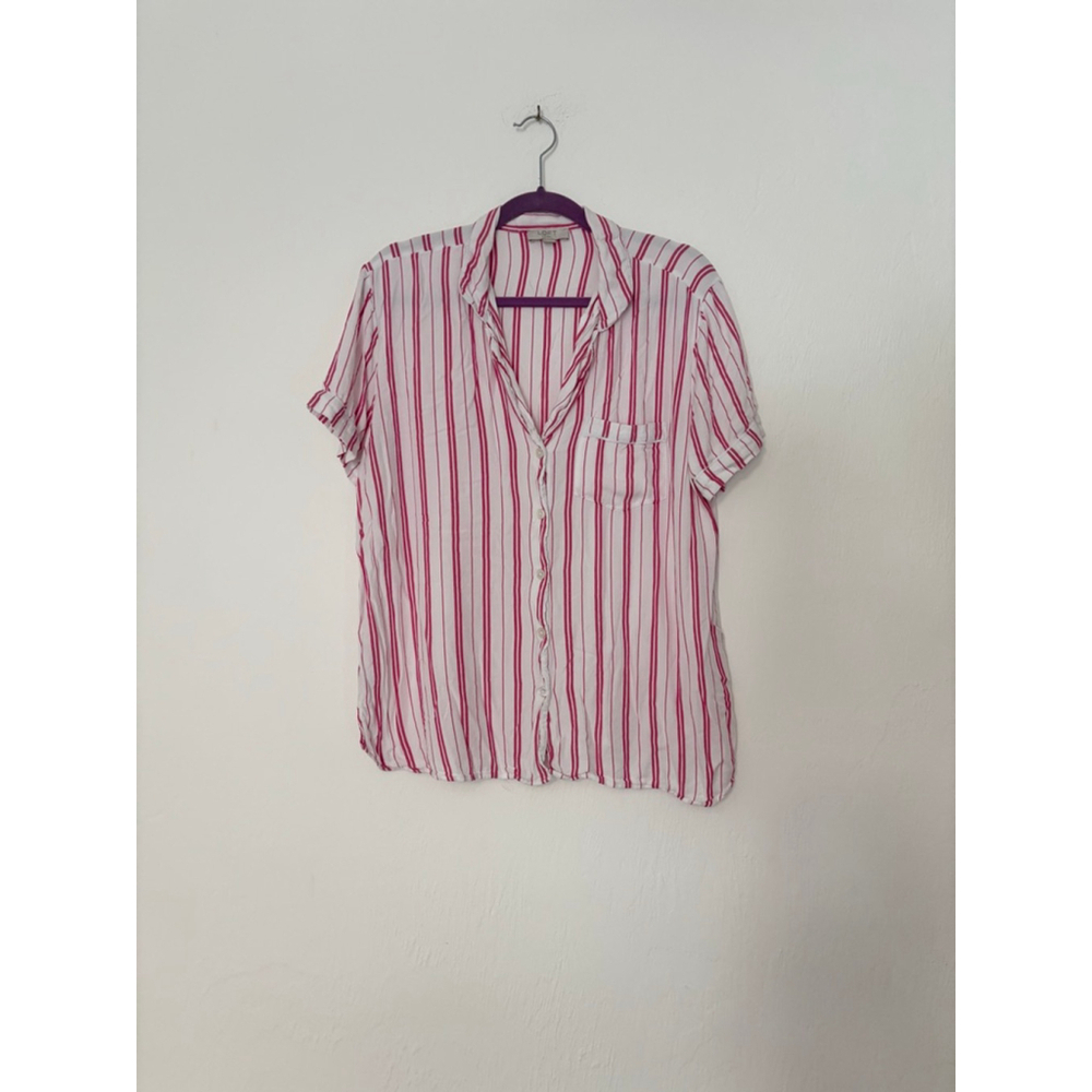 Women's LOFT Sleep White Pink Striped Pajama Shirt L rayon